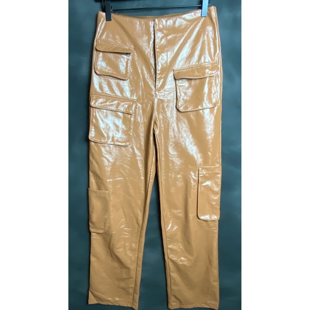 AFRM Cargo Pants 26 Camel Tan‎ Vegan Patent Leather High Rise Straight Leg